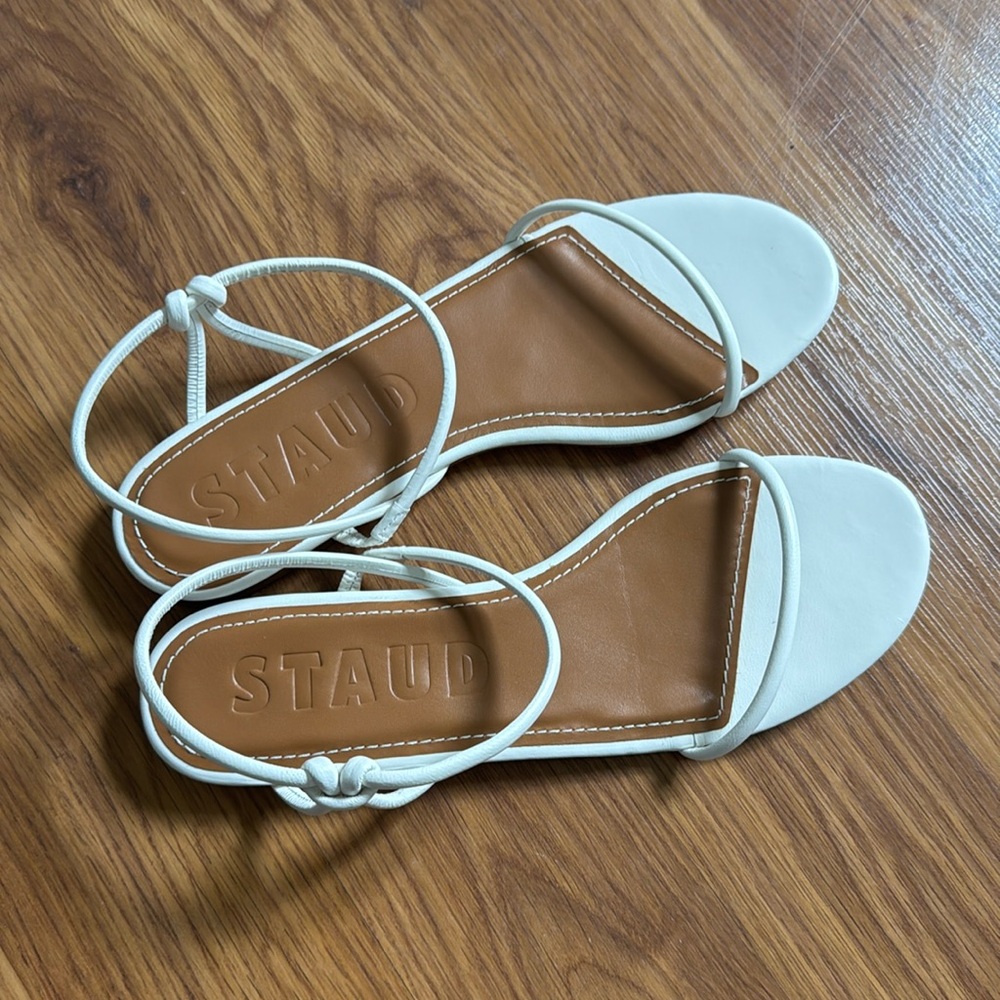 STAUD White and Tan Leather Strappy Flat Sandals